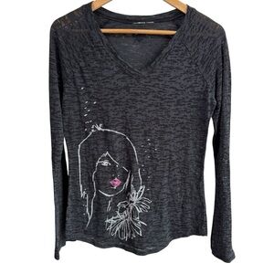 Vintage Y2K 00s Roxy Burnout Sheer Long Sleeve Shirt S/M Black Graphic GUC